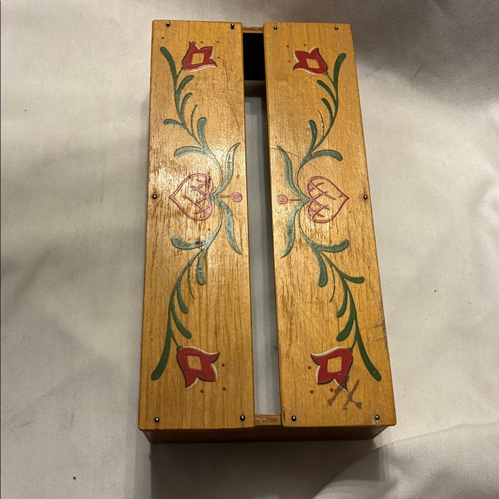 Folk-Art Tole Ware Tissue Box Wood Cover Hand-Painted with Red Flower Motif